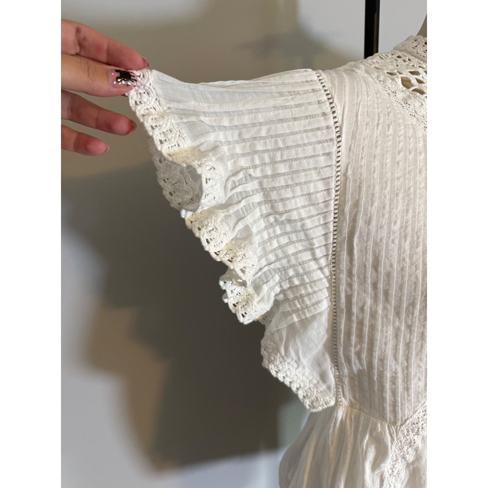 Farm Rio White Cotton Crochet Lace Pintuck Blouse Mock Neck Flutter Sleeve M - Picture 3 of 9